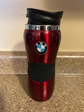 BMW Metallic Red Travel Mug with Black Grip and Silver Trim